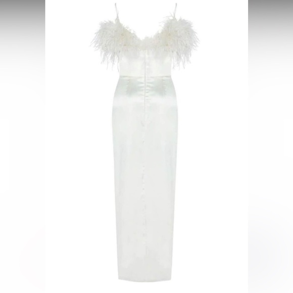 White Silk Midi Dress with Feather Trim- SMALL - Picture 3 of 5